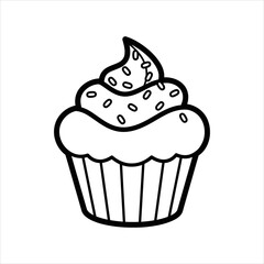 Simple black and white outline drawing of a cupcake with sprinkles on top