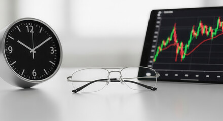 Sharp focus on financial success with time ticking and charts on tablet, glasses ready for analysis