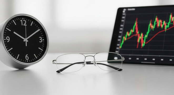 Sharp focus on financial success with time ticking and charts on tablet, glasses ready for analysis