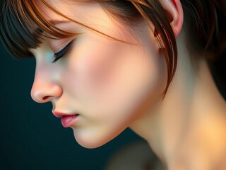 Fototapeta premium Serene profile, eyes shut, soft lighting, neat hair, repose, clean