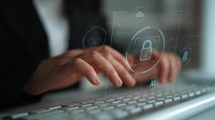 Cybersecurity system interface with biometric lock and data protection. Cybersecurity protects access, identity, cyber security prevents threats, and cyber security supports digital systems. Marrow - Powered by Adobe