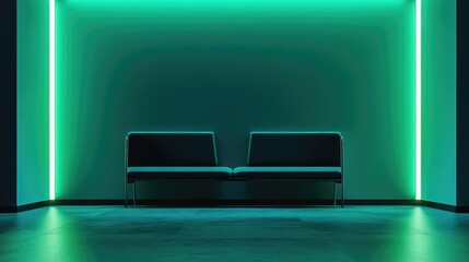 Empty waiting room chairs with green neon light