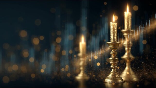 Golden candle warm glow with bokeh lights dark background, brass candlestick and elegant decor soft focus creating moody ambiance and luxury style night scene romantic light, vintage vibe