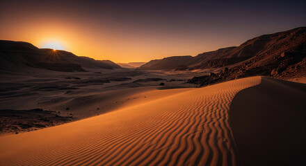 Naklejka premium A vibrant sunset casts warm hues over expansive sand dunes in a tranquil desert landscape.