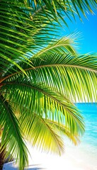 Fototapeta premium Vibrant green palm fronds create a natural canopy overlooking a stunning sandy shore, summer, Crete