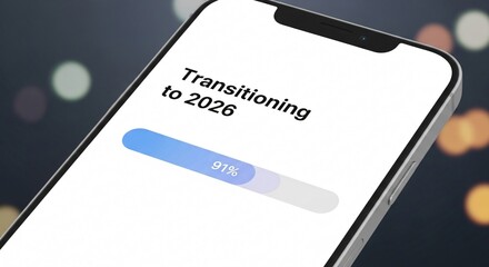 Transitioning to 2026 on a smartphone screen with a loading bar showing 91% progress, symbolizing the approach of the new year