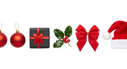 Christmas Ornaments Gift Box Holly Bow and Santa Hat