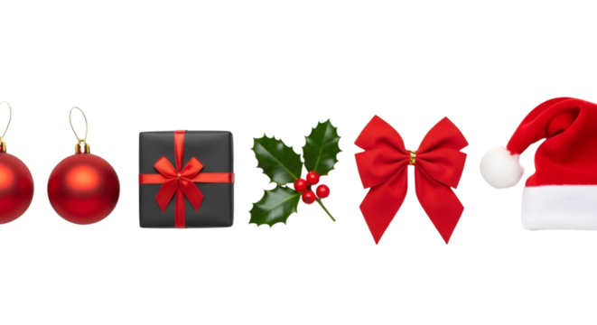 Christmas Ornaments Gift Box Holly Bow and Santa Hat