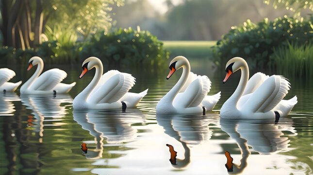 Many swans swimming together in calm water, showing natural social interaction, graceful movement, and peaceful aquatic habitat in a serene outdoor setting - Powered by Adobe