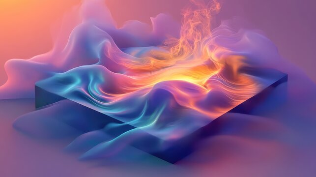 Luminous fluid smoke rising from abstract cube structure