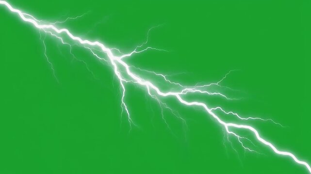 Striking white lightning bolt illuminating a vibrant green screen background, capturing the raw power of nature's electricity