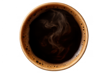 Freshly brewed hot coffee or espresso in a cup, showing rising steam and rich crema foam, on transparent background