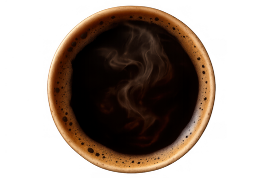 Freshly brewed hot coffee or espresso in a cup, showing rising steam and rich crema foam, on transparent background