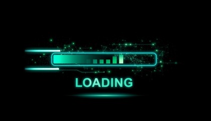 Futuristic glowing cyan loading bar with digital glitch effects on a dark background.