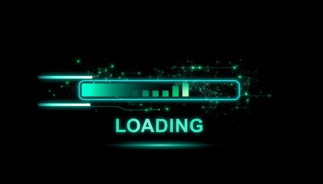 Futuristic glowing cyan loading bar with digital glitch effects on a dark background. - Powered by Adobe