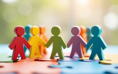 Wooden figures in bright colors joining on jigsaw pieces, representing teamwork, diversity, and HR strategies for inclusive workplace cultures, clean, highresolution design. High quality