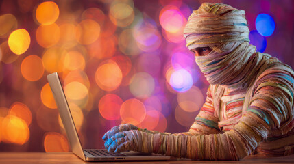 Mummy in costume typing on laptop with bokeh