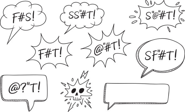 Comic speech bubbles with censored words, doodle swear symbols, angry expressions and cartoon expletive elements in line art style