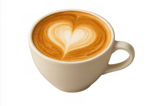 Coffee cup with heart latte art, offering a comforting hot beverage experience, isolated with transparent background