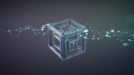 Abstract glowing crystalline cube structure with interconnected digital data streams on dark background