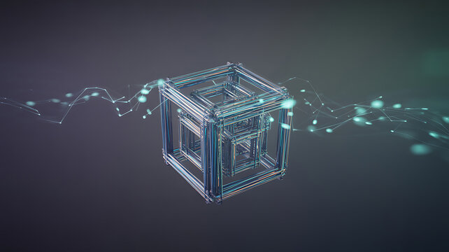 Abstract glowing crystalline cube structure with interconnected digital data streams on dark background