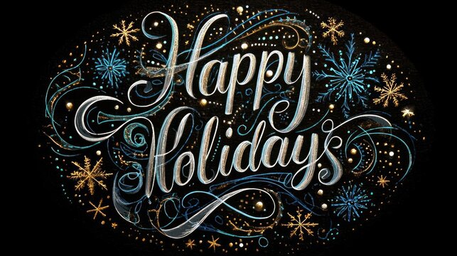 Elegant and festive circular design with happy holidays calligraphy surrounded by sparkling lights and colorful fireworks