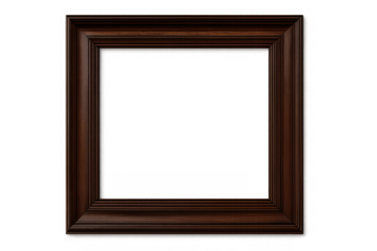 Dark brown wooden picture frame with classic design on a transparent background, providing space for text or image