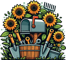 Sunny Garden Mailbox with Tools and Sunflowers