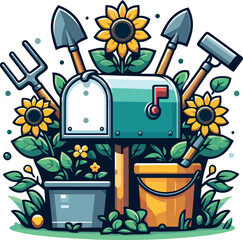 Sunny Garden Mailbox with Tools and Flowers
