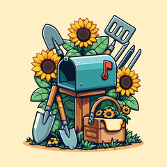 Whimsical Garden Mailbox with Sunflowers and Gardening Tools