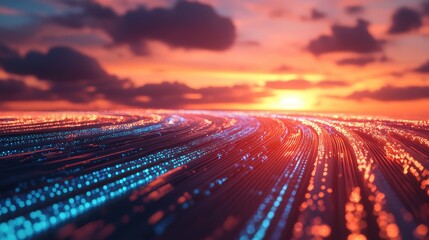 Digital data streaming across fiber optic network at sunset