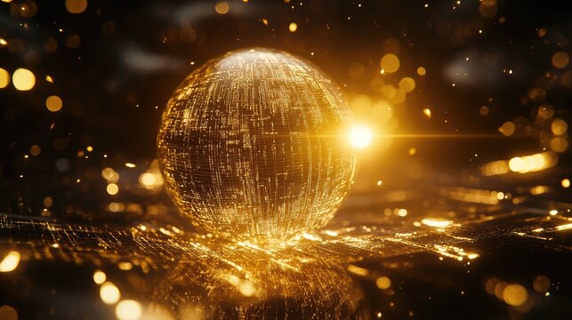 Golden digital sphere generating glowing futuristic data network - Powered by Adobe