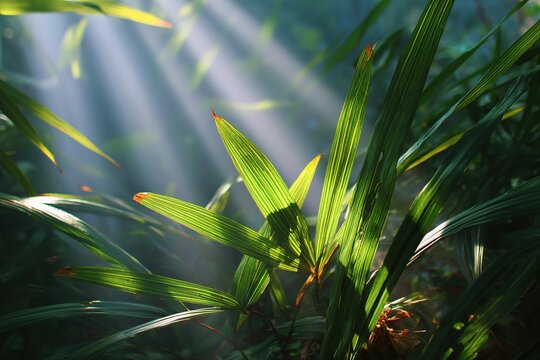 Sunbeam Through Green Palm Leaf in Tropical Forest