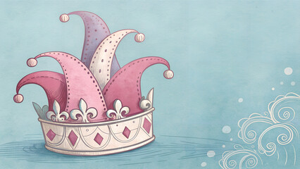 Minimalist watercolor jester hat illustration in Primrose Pink on Crown Blue highlighting playful Mardi Gras spirit with copy space