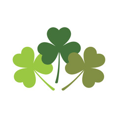 Group of three clover leaves in flat illustration style, natural shades of green slightly overlapping, isolated on white background with copy space