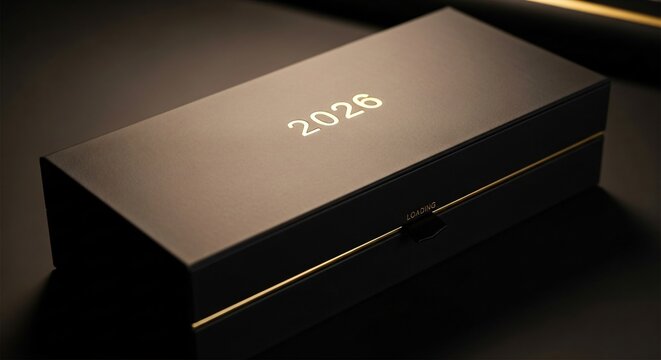 A sleek, black gift box with the year 2026 embossed in gold, symbolizing future opportunities and luxury