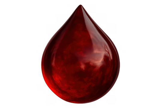 Blood drop reflecting a warm glow, symbolizing health, donation, life, and medical care on transparent background