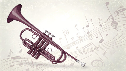 Watercolor trumpet illustration in Mauve Wine tones on bright white portraying musical celebration with copy space