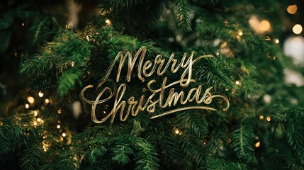 Golden merry christmas script decoration adorned on a lush green christmas tree with soft bokeh lights