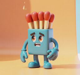 A cartoon blue matchbox character with matches on its head looks worried