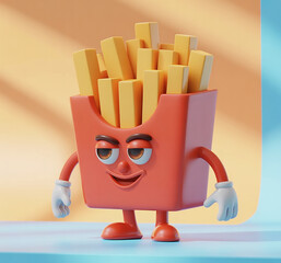 A french fry character with a red container, white gloves, and a smiling face, standing on a table