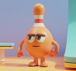 A bored orange bowling pin character with droopy eyes and a neutral mouth, standing on a table