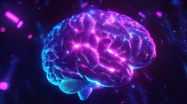 Artificial intelligence brain glowing with digital data particles