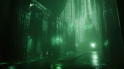 Digital code rain in dark futuristic temple architecture