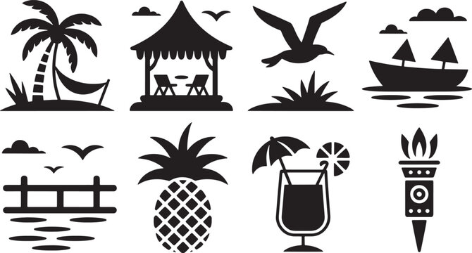 Tropical beach resort silhouette set vector illustration on transparent background