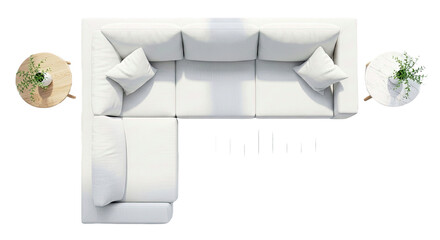 Modern L Shaped White Sectional Sofa Padded Pillows Round Side Tables Minimalist Living Room