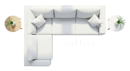 Modern L Shaped White Sectional Sofa Padded Pillows Round Side Tables Minimalist Living Room