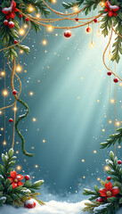 Christmas fir branches with red flowers, ornaments, and sparkling lights in snow