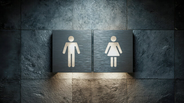 Male and female restroom signs on stone wall - Powered by Adobe