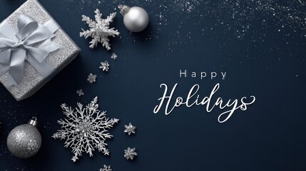 Elegant silver gift box with shimmering snowflakes and ornaments on a dark blue background for happy holidays